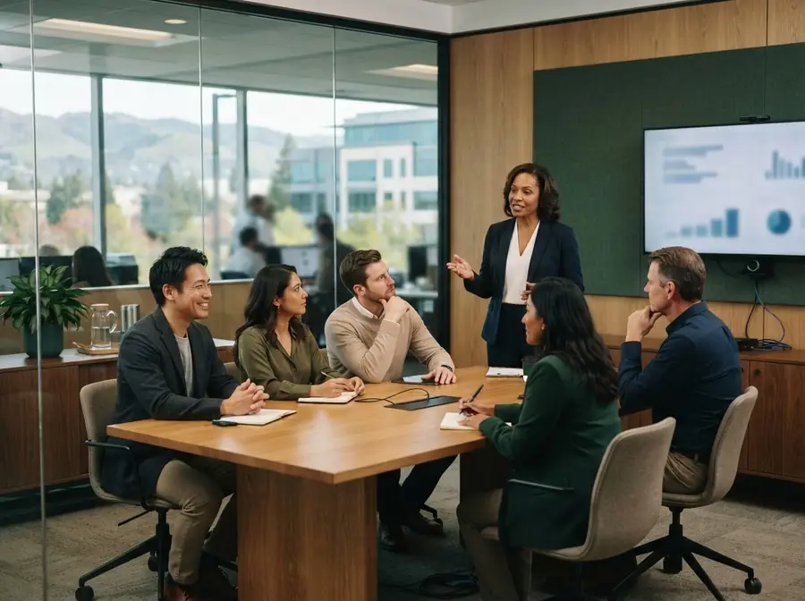 A leadership team meeting in a glass conference room