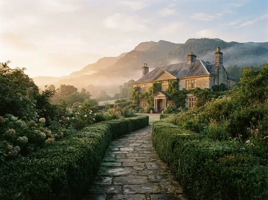 A garden path leading to a family estate at sunrise
