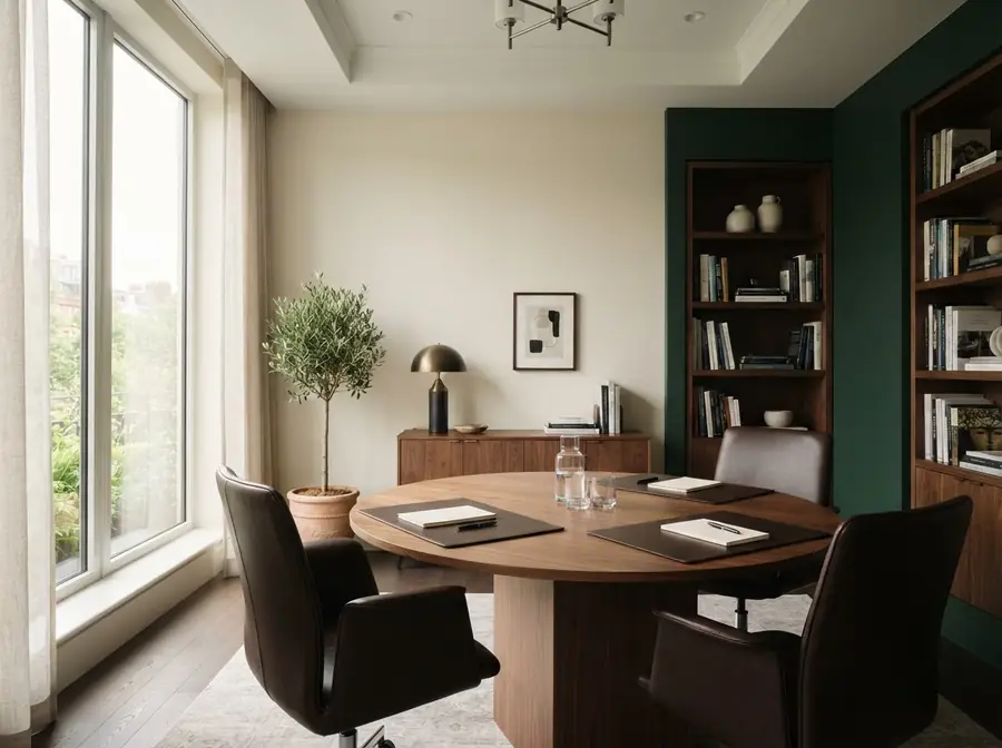 A quiet advisory meeting room with a round walnut table