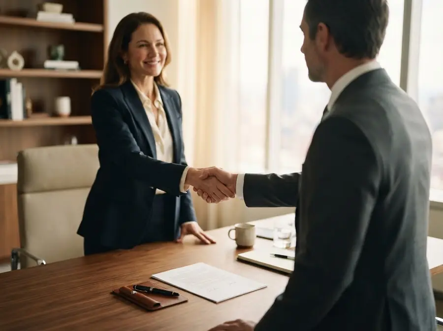 Two business co-owners shaking hands over a signed agreement