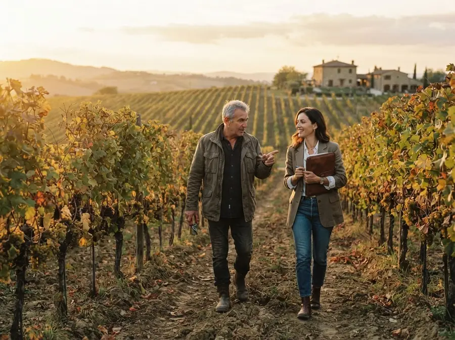 A founder and his daughter walking through the family vineyard
