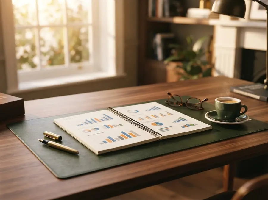 A business valuation report on a walnut desk